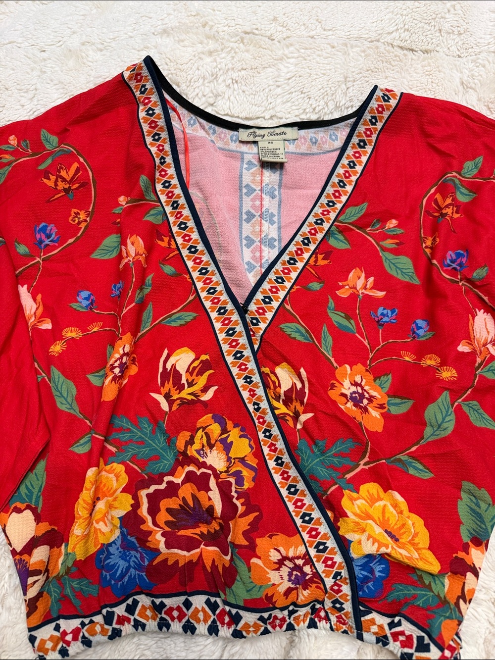 Flying Tomato Red Floral V-Neck Wrap Blouse